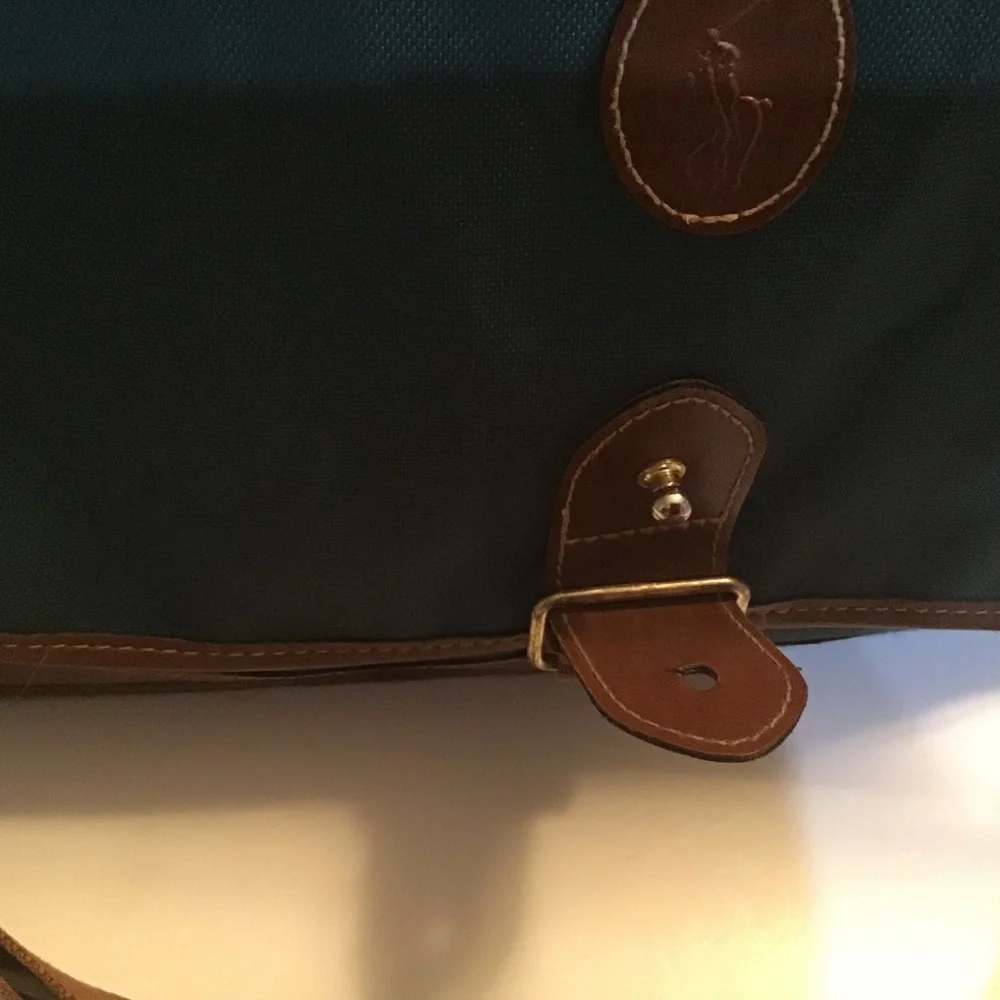 Polo Ralph Lauren Vintage Messenger Bag Hunter Green Brown Leather Trim